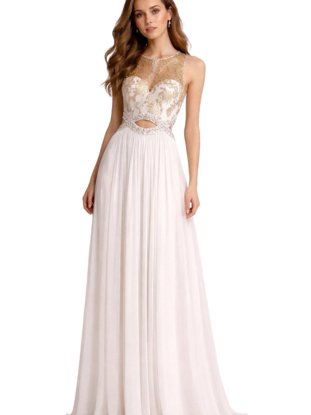 Blondie Nites White Maxi Gown with Gold Embroidered Bodice Party, Wedding, Prom